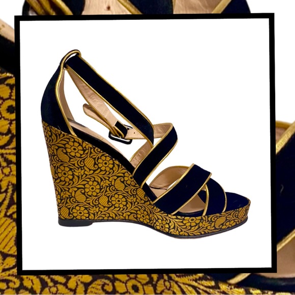 CHRISTIAN LOUBOUTIN Paris Black Velvet Gold Brocade Wedge Platform Shoe SZ 39 - Picture 5 of 10